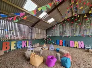 Party Barn with letters and bean bags