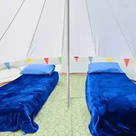 2-person bell tent interior at Fairmead Farm